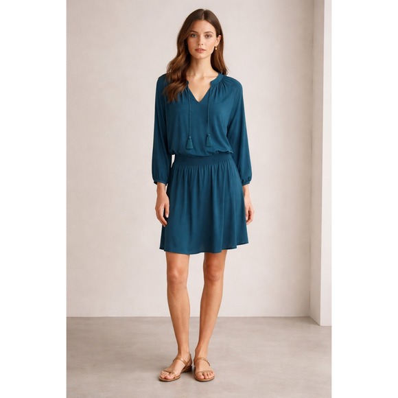Garnet Hill Dresses & Skirts - Garnet Hill Teal Blue Smocked Waist Tassel Tie V Neck Long Sleeve Dress M